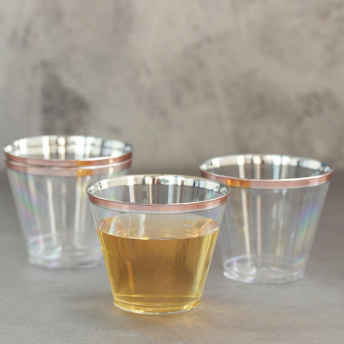 12 Pack | 8 oz Rose Gold Disposable Plastic Tumblers | Rimmed Design