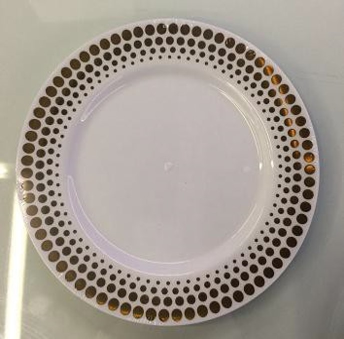 7" WHITE PLASTIC PLATE W/GOLD DOTTED RIM 6CT